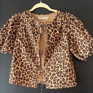 Abercrombie & Fitch Leopard Print Tie-Front Puff Sleeve Top - Brown & Black